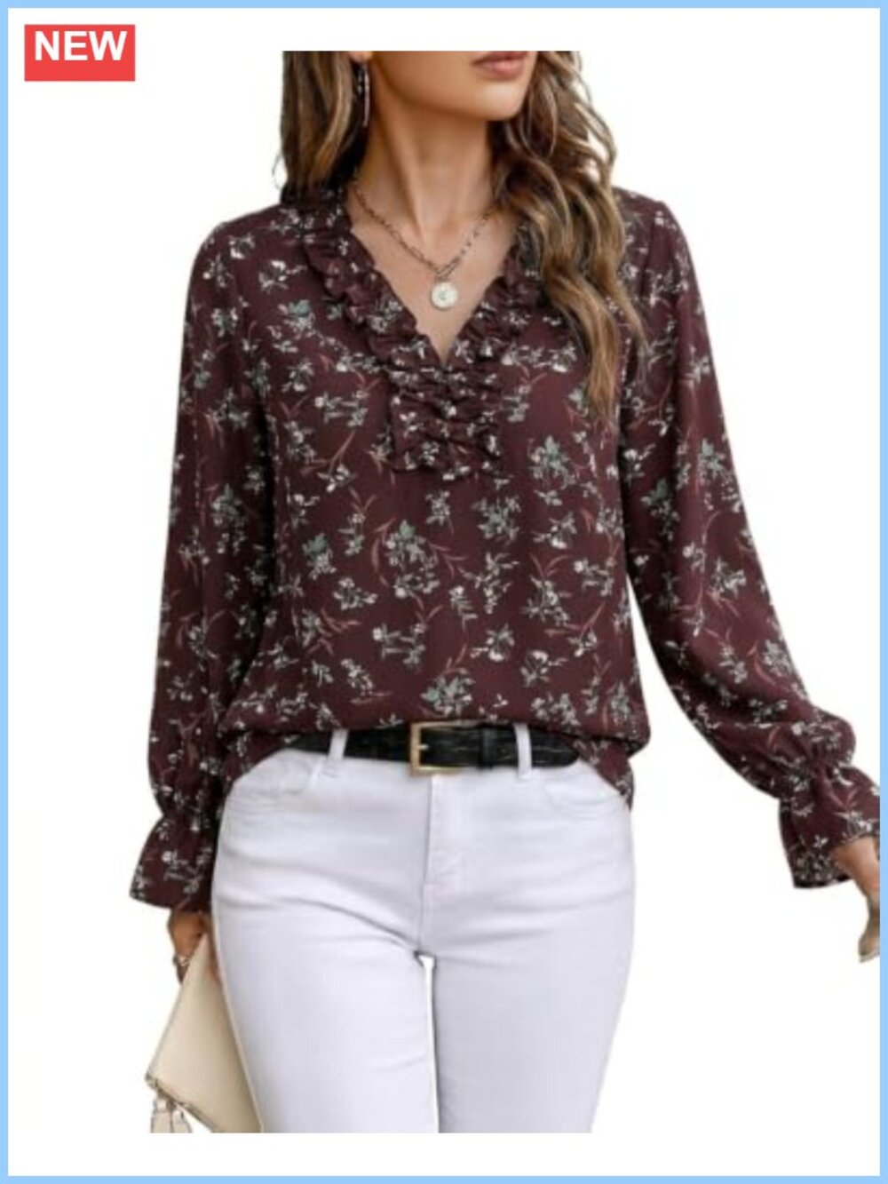Women's Long Sleeve Ruffle V-Neck Floral Blouse Silky Chiffon Fall Work Top